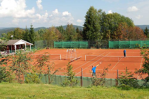 Blick auf zwei naturnahe Tennisplätze in Mitterfimiansreut Tennisschule mit zwei Übungsplätzen im Bayerischen Wald.